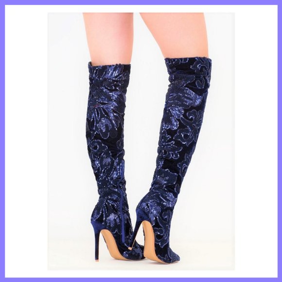 NWT Sequin Thigh High Boot (Navy Blue) - Picture 2 of 3